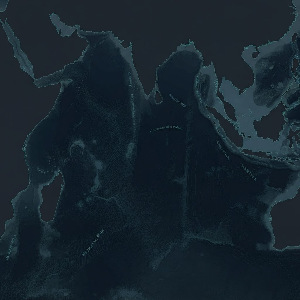 Bathymetric map of the Indian Ocean showing India, the Arabian Sea and the Bay of Bengal